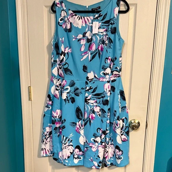 Roz & Ali Blue and Pink Floral Spring Mini Dress - Picture 1 of 4